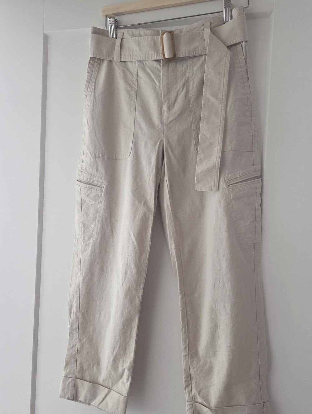 Vince LINEN BLEND Cream Utility Cargo Pants with Belt